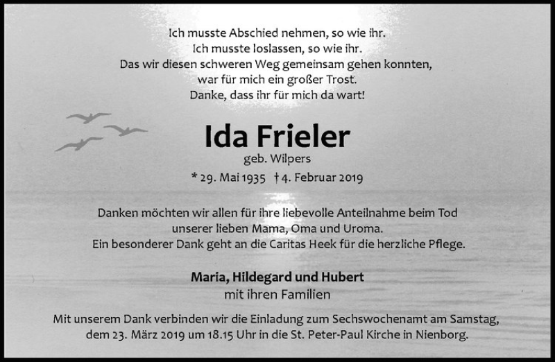  Traueranzeige für Ida Frieler vom 20.03.2019 aus Westfälische Nachrichten