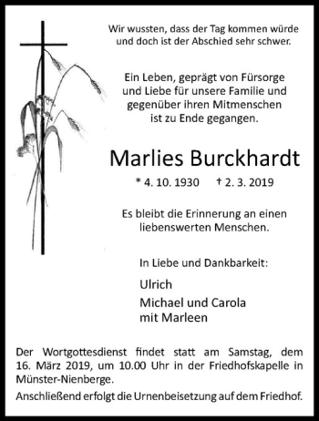 Anzeige von Marlies Burckhardt von Westfälische Nachrichten
