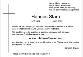 Anzeige von Hannes Starp von Westfälische Nachrichten