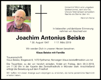 Anzeige von Joachim Antonius Beiske von Westfälische Nachrichten