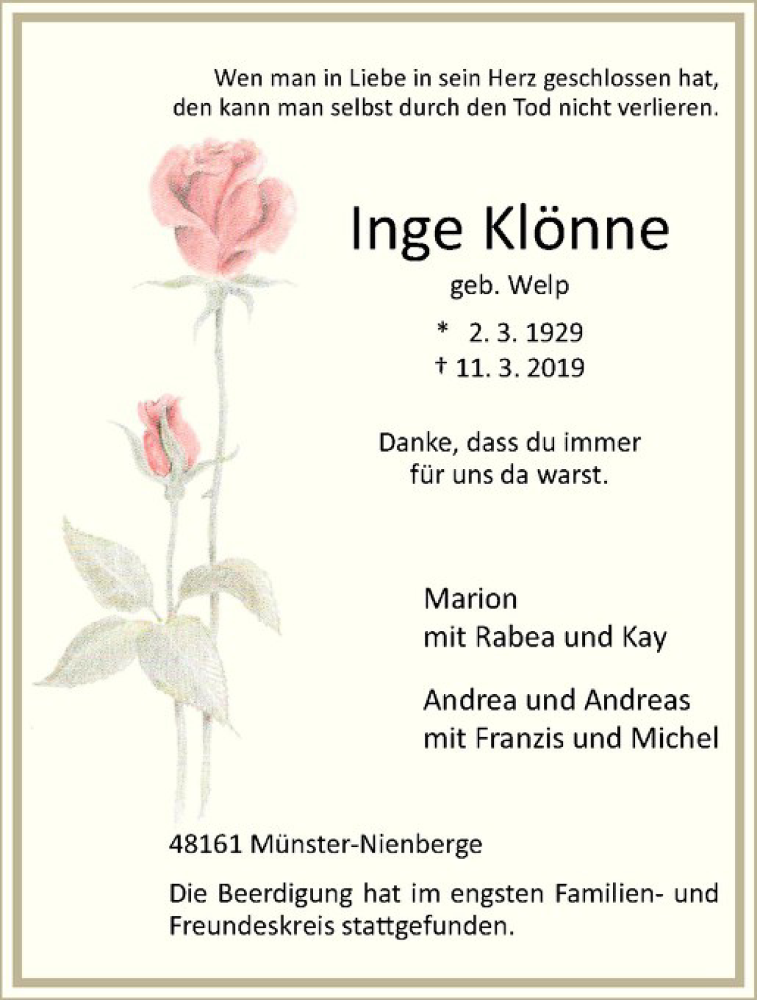  Traueranzeige für Inge Klönne vom 16.03.2019 aus Westfälische Nachrichten