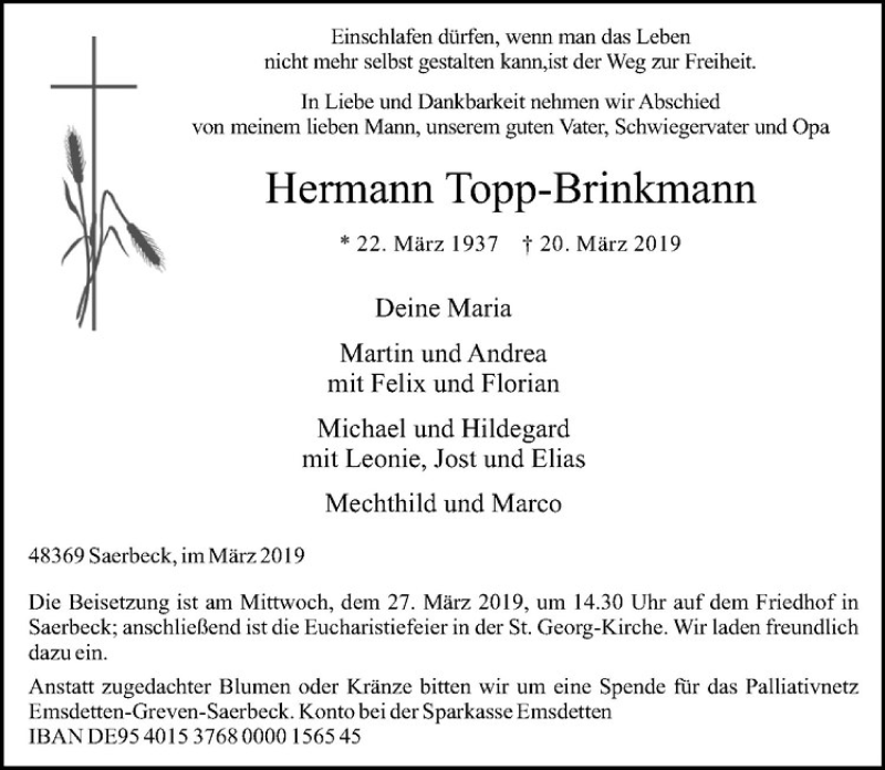  Traueranzeige für Hermann Topp-Brinkmann vom 23.03.2019 aus Westfälische Nachrichten