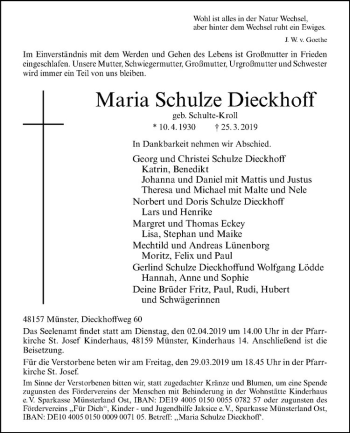 Anzeige von Maria Schulze Dieckhoff von Westfälische Nachrichten