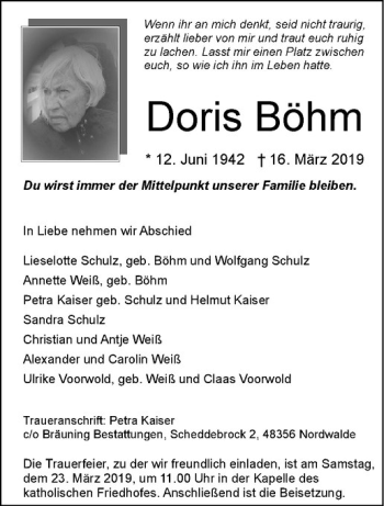 Anzeige von Doris Böhm von Westfälische Nachrichten