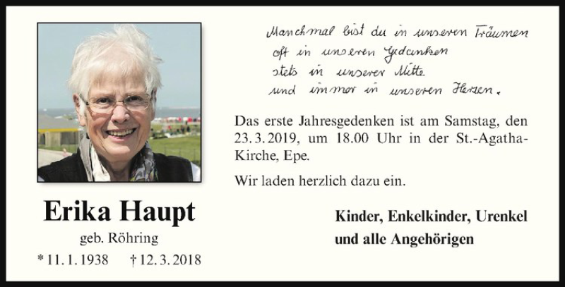  Traueranzeige für Erika Haupt vom 16.03.2019 aus Westfälische Nachrichten