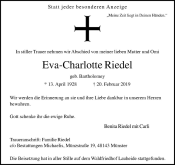 Anzeige von Eva-Charlotte Riedel von Westfälische Nachrichten