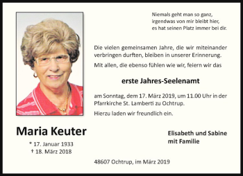 Anzeige von Maria Keuter von Westfälische Nachrichten