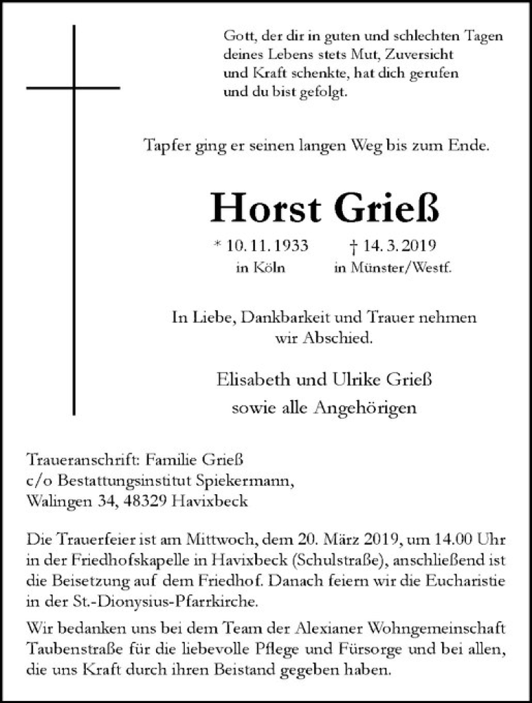  Traueranzeige für Horst Grieß vom 16.03.2019 aus Westfälische Nachrichten