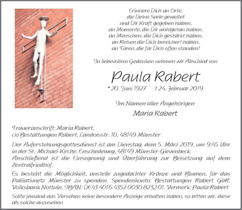  Traueranzeige für Paula Rabert vom 02.03.2019 aus Westfälische Nachrichten