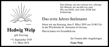 Anzeige von Hedwig Welp von Westfälische Nachrichten