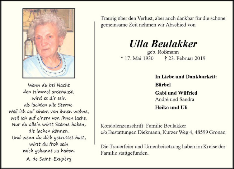  Traueranzeige für Ulla Beulakker vom 09.03.2019 aus Westfälische Nachrichten