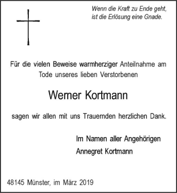 Anzeige von Werner Kortmann von Westfälische Nachrichten