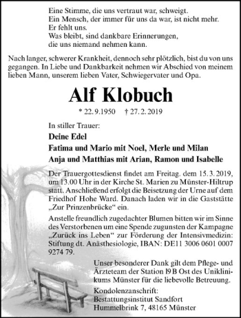 Anzeige von Alf Klobuch von Westfälische Nachrichten
