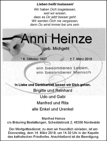Anzeige von Anni Heinze von Westfälische Nachrichten