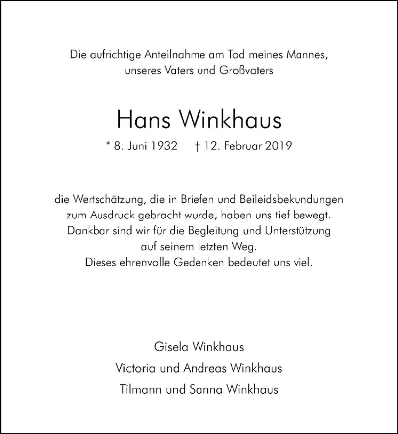  Traueranzeige für Hans Winkhaus vom 13.04.2019 aus Westfälische Nachrichten