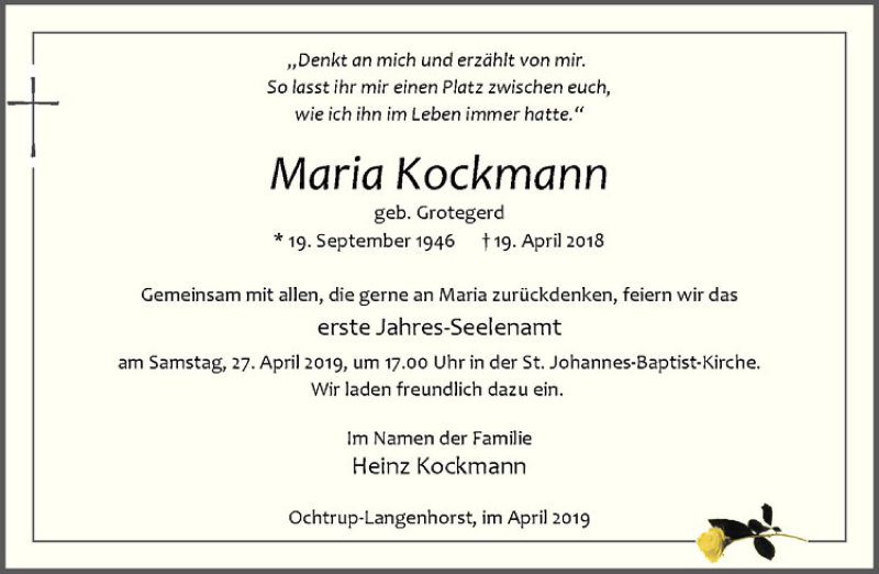  Traueranzeige für Maria Kockmann vom 24.04.2019 aus Westfälische Nachrichten