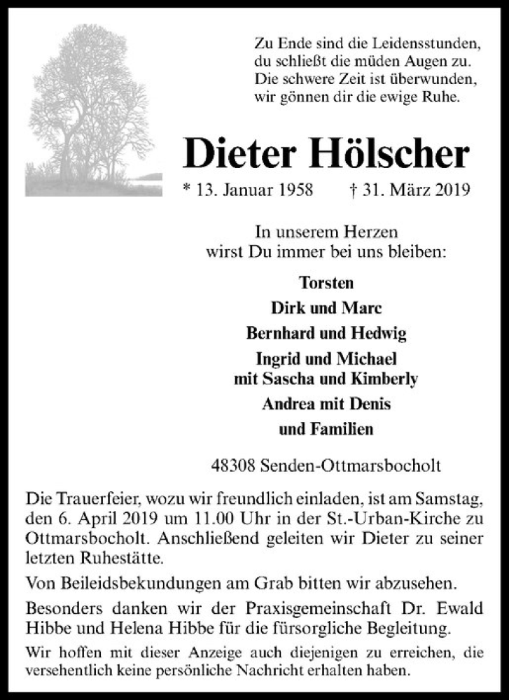  Traueranzeige für Dieter Hölscher vom 03.04.2019 aus Westfälische Nachrichten