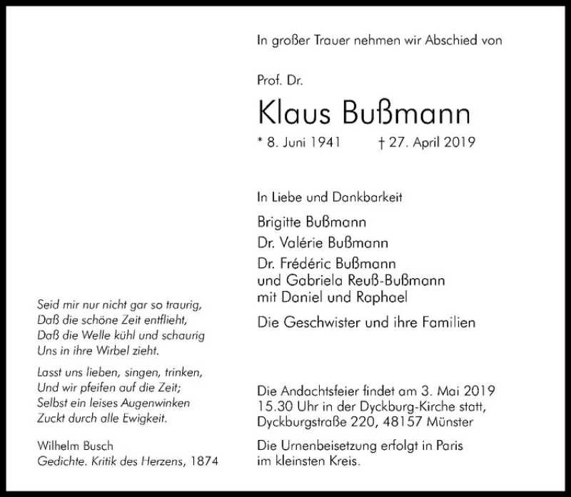  Traueranzeige für Klaus Bußmann vom 30.04.2019 aus Westfälische Nachrichten