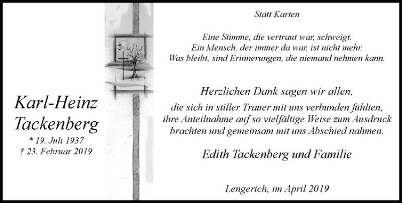  Traueranzeige für Karl-Heinz Tackenberg vom 03.04.2019 aus Westfälische Nachrichten