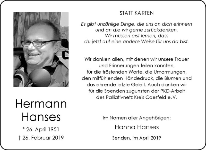  Traueranzeige für Hermann Hanses vom 13.04.2019 aus Westfälische Nachrichten