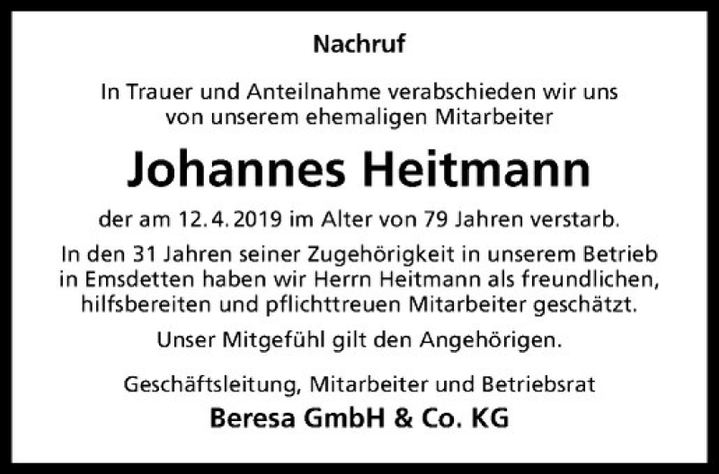  Traueranzeige für Johannes Heitmann vom 27.04.2019 aus Westfälische Nachrichten