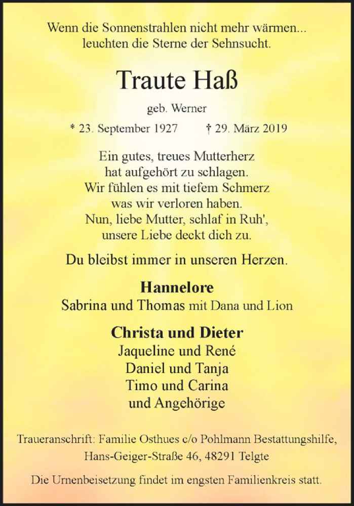  Traueranzeige für Traute Haß vom 06.04.2019 aus Westfälische Nachrichten