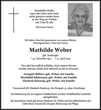 Anzeige von Mathilde Weber von Westfälische Nachrichten