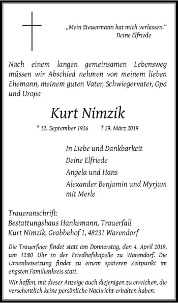 Anzeige von Kurt Nimzik von Westfälische Nachrichten