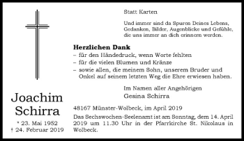 Anzeige von Joachim Schirra von Westfälische Nachrichten