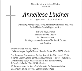 Anzeige von Anneliese Lindner von Westfälische Nachrichten