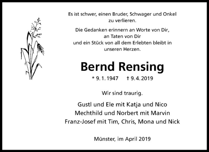  Traueranzeige für Bernd Rensing vom 13.04.2019 aus Westfälische Nachrichten