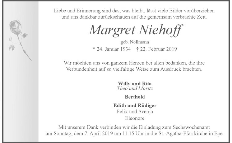  Traueranzeige für Margret Niehoff vom 02.04.2019 aus Westfälische Nachrichten