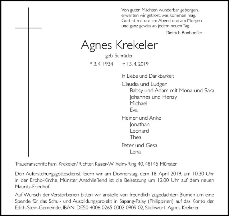  Traueranzeige für Agnes Krekeler vom 16.04.2019 aus Westfälische Nachrichten