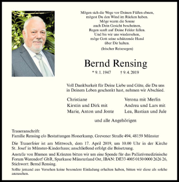 Anzeige von Bernd Rensing von Westfälische Nachrichten