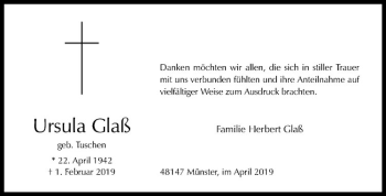 Anzeige von Ursula Glaß von Westfälische Nachrichten