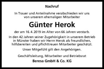 Anzeige von Günter Herok von Westfälische Nachrichten