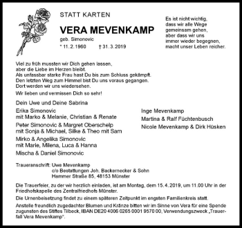 Anzeige von Vera Mevenkamp von Westfälische Nachrichten