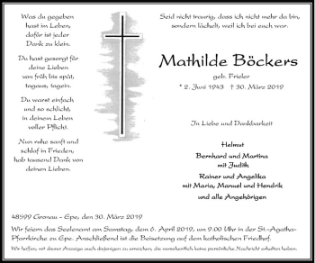 Anzeige von Mathilde Böckers von Westfälische Nachrichten