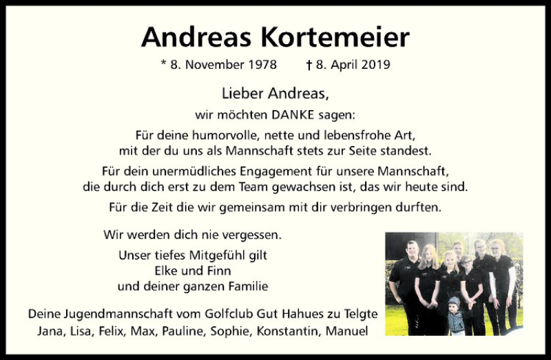  Traueranzeige für Andreas Kortemeier vom 13.04.2019 aus Westfälische Nachrichten