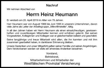 Anzeige von Heinz Heumann von Westfälische Nachrichten