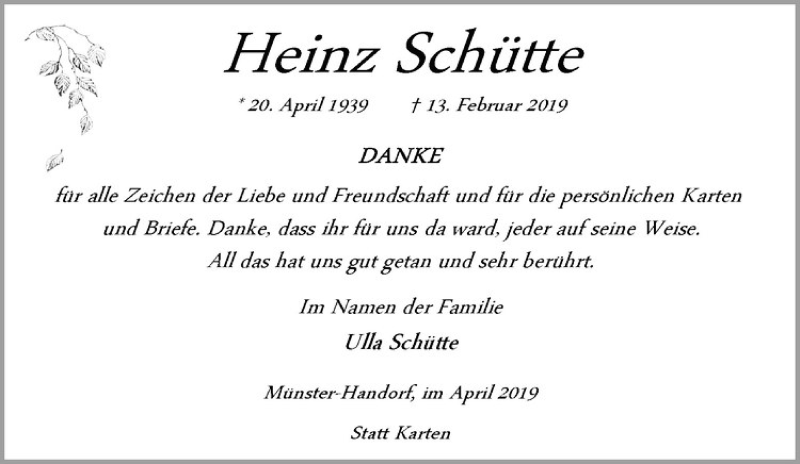  Traueranzeige für Heinz Schütte vom 06.04.2019 aus Westfälische Nachrichten