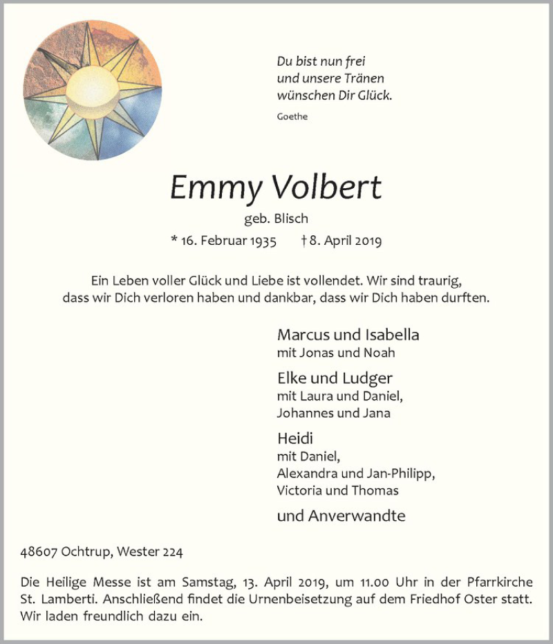  Traueranzeige für Emmy Volbert vom 10.04.2019 aus Westfälische Nachrichten