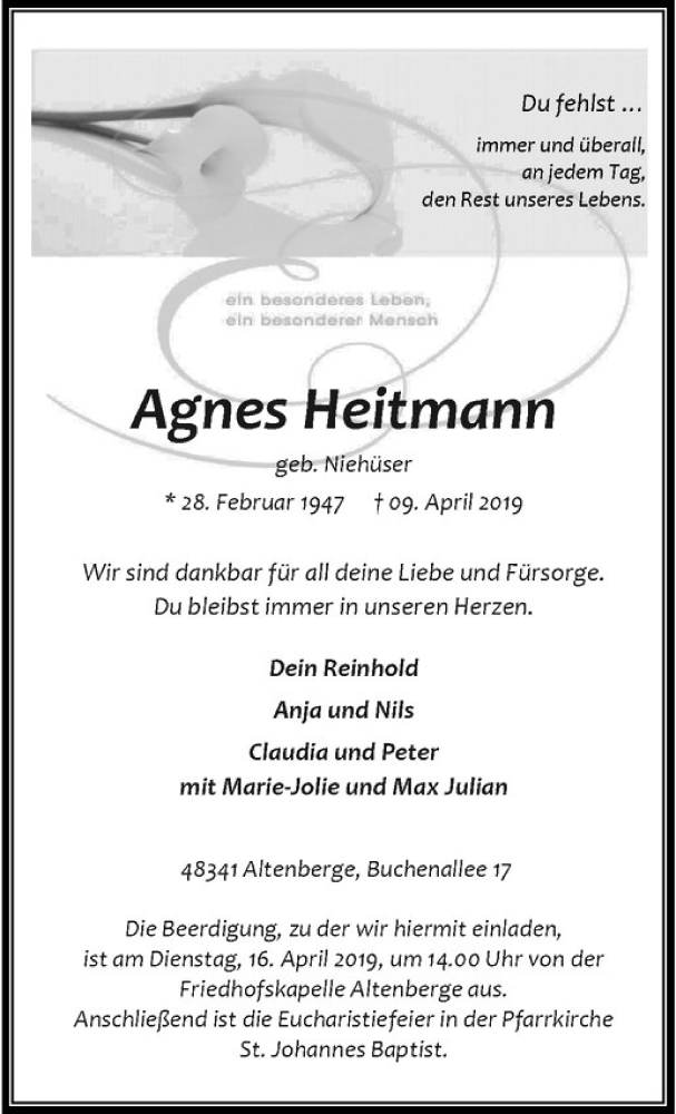  Traueranzeige für Agnes Heitmann vom 13.04.2019 aus Westfälische Nachrichten