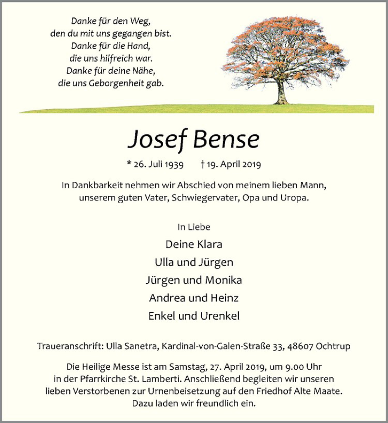  Traueranzeige für Josef Bense vom 23.04.2019 aus Westfälische Nachrichten