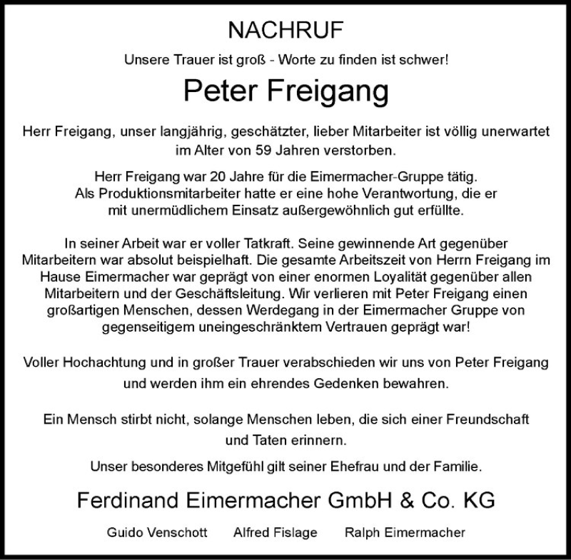  Traueranzeige für Peter Freigang vom 27.04.2019 aus Westfälische Nachrichten