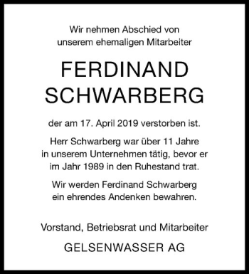 Anzeige von Ferdinand Schwarberg von Westfälische Nachrichten