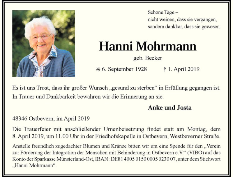  Traueranzeige für Hanni Mohrmann vom 03.04.2019 aus Westfälische Nachrichten