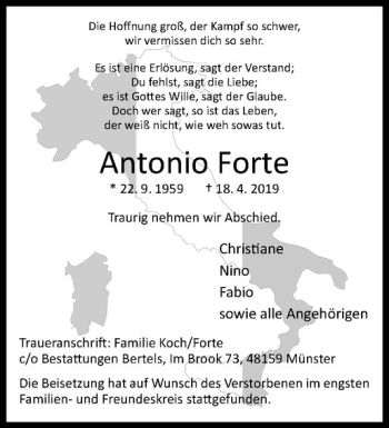 Anzeige von Antonio Forte von Westfälische Nachrichten