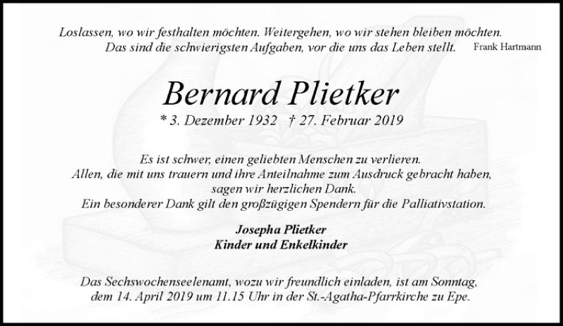  Traueranzeige für Bernhard Plietker vom 08.04.2019 aus Westfälische Nachrichten
