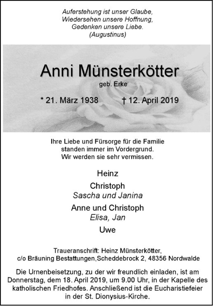  Traueranzeige für Anni Münsterkötter vom 15.04.2019 aus Westfälische Nachrichten